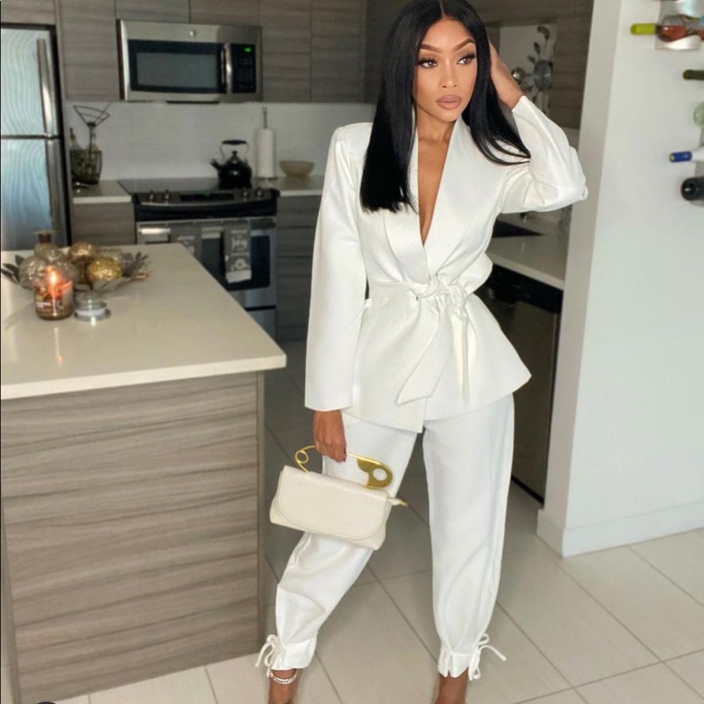 White Tie Suit with Tie Ankle Pants